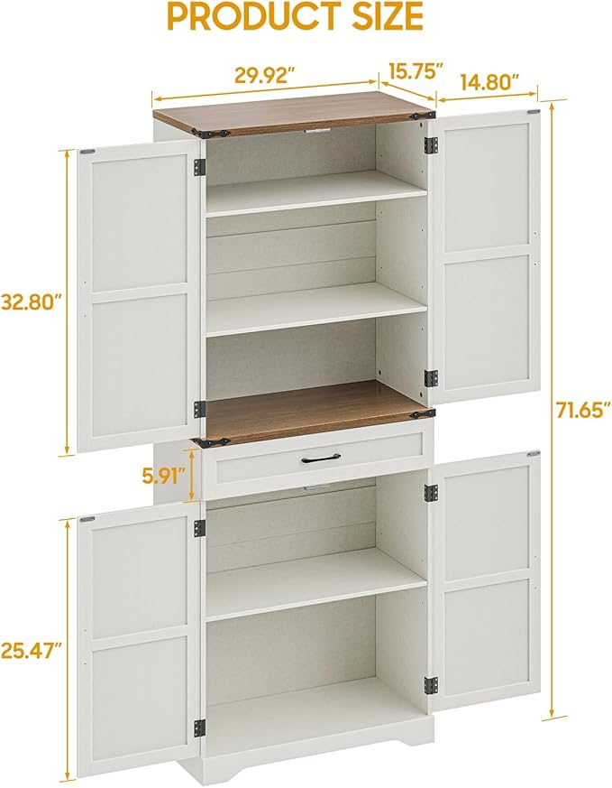 72" Tall Farmhouse Kitchen Pantry, Farmhouse Storage Cabinet with Adjustable Shelves, Large Capacity Storage Cabinet with Drawer,Freestanding Cupboard for Kitchen, Dining Room, Living Room, White