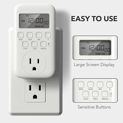 BN-LINK Indoor Digital Timer Outlet, Single Outlet 7 Day Programmable Light Switch, 3 Prong Plug in Timers for Electrical Outlets, Lamps, Fans, 8 On/Off Programs, 1 Pack, 15A/1875W, ETL Listed