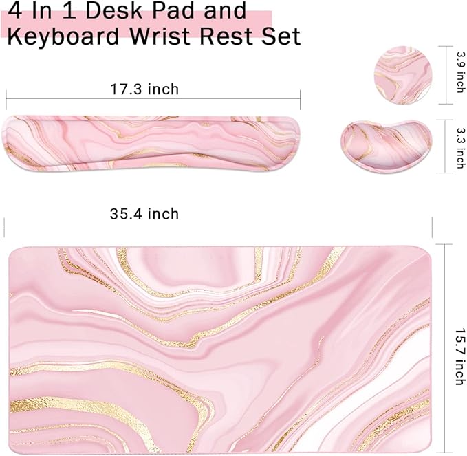 Keyboard Mouse Pad Set, Extended Mouse Pad+Keyboard Wrist Rest Support, Memory Foam Ergonomic Easy Typing, 3Pcs (35.4×15.7 in) Desk Pad Set for Home Office Study Game- Pink Gold