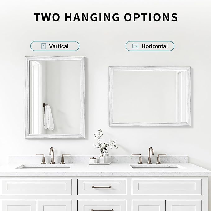 White Wood Effect Framed Wall Mirror, 20x30 Rectangle Mirror, 1/8" Anti-desilvering Tempered Glass, Sustainable& Sturdy Frame, Anti-Rust, HD Reflection &3min Fast Setup for Bathroom Living Room