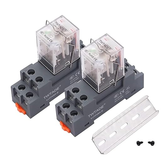 TWTADE/2PCS DC 12V Relay 10A Electromagnetic Power Coil Relay 8 Pins DPDT 2NO 2NC with Indicator Light, Socket Base & DIN Rail -YJ2N-LY