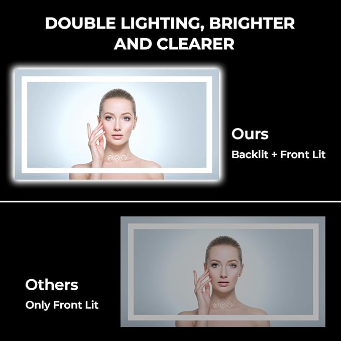 YEELAIT 55x30 Inch LED Bathroom Mirror with Lights Front and Backlit Lighted Vanity Mirror for Bathroom Wall with 3 Colors Dimmable Anti-Fog Memory Shatter-Proof IP54 Waterproof Horizontal/Vertical