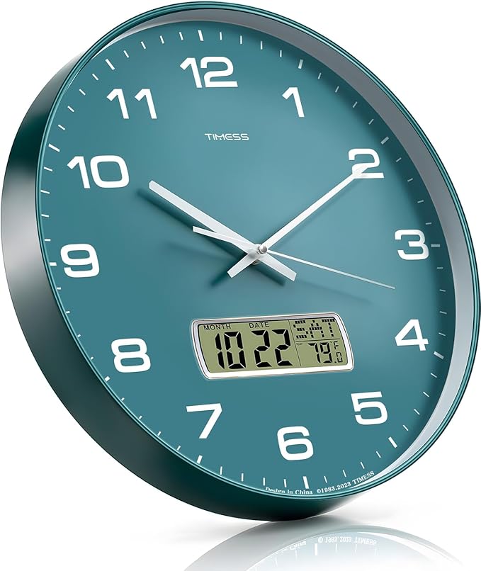 TIMESS Wall Clock, 10" Dial Non-Ticking Silent Battery Operated Analog with LCD Display for Perpetual Calendar and F° Temperature, Ideal Modern Home, Office Decor (Green)