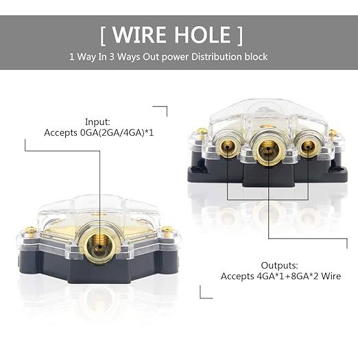 RKURCK 3 Way Power Distribution Block, 0/2/4 AWG Gauge in, 4/8 Gauge Out, Car Audio Stereo Amp Distribution Connecting Block for Audio Splitter (1 in 3 Out)