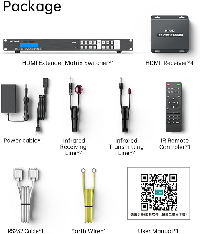 MT-VIKI 4K HDMI Matrix Extender 4x4 4K60Hz 4:4:4 Over CAT6/7/8 Cable, Matrix Splitter & Switcher with 4 POC Receivers + 4 Loop Out, Web GUI, RS232, Up to 230FT (70m)