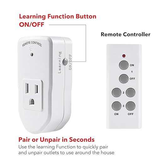BN-LINK Wireless Remote Control Outlet Electrical Switch for Lights, Fans, Christmas Lights, Small Appliance, 100ft Long Range White 10A/1200W, 1 Remote + 1 Outlet, ETL & FCC Certified