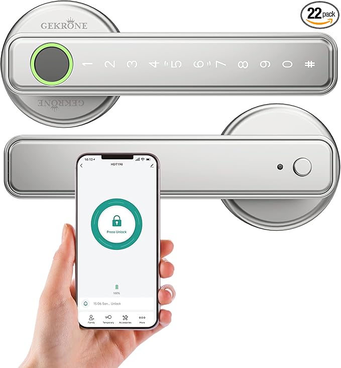 GEKRONE Fingerprint Smart Lever Lock TUYA APP Control Keyless Entry Bluetooth Touchscreen Indoor Handle Biometric Electronic Digital Door Knob with Keypad Suitable for Hotel Office Apartment Bedroom