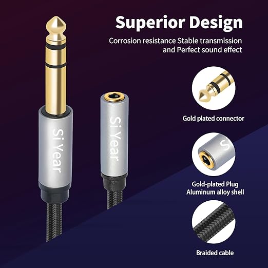 SiYear 1/4" to 3.5mm Headphone Extension Cable,5FT- 6.35mm Quarter inch Male to 1/8 inch Female Stereo Jack Audio Adapter for Amplifiers, Speaker, Guitar Amp,Home Theater, Mixing Console (1.5m-2PACK)