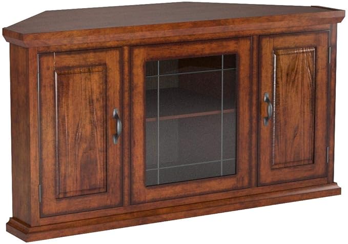 Leick Home 80385 Leaded Glass Three Door Corner TV Stand with Enclosed Storage For 50" TV's, Burnished Oak