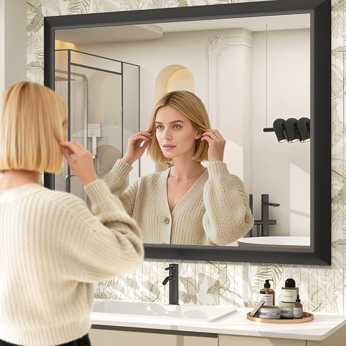 SMIROR Matte Black Bathroom Mirror for Over Sink 50x 36 inch, Metal Thick Frame Rectangle Vanity Mirror for Wall, Anti-Rust, Horizontally or Vertically Mounted