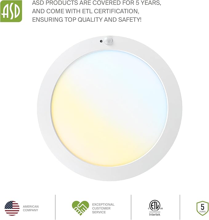 ASD LED 12" Round Flush Mount Ceiling Light Fixture, Low Profile Surface Lighting | 5CCT, Motion Sensored, Ultra-Thin, ETL Listed | 24W 1700LM 2700-6000K 120V | Kitchen, Hallway Lamp | White, 4 Pack