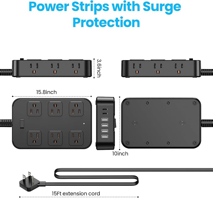 Solidock Flat Plug Power Strip Surge Protector with 12 AC Outlets 6 USB Ports 3 Side Multi Plug Outlet Extender 15 Ft Extension Cord for Home Office Kitchen Dorm Wall Desk Charging Station ETL Listed