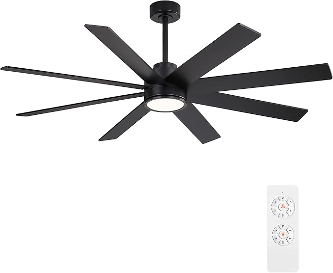 WINGBO 72" Large DC Ceiling Fans with Lights and Remote, 3 Downrods, 8 Plywood Blades, 6-Speeds Reversible DC Motor, 3CCT, Indoor Ceiling Fan for Bedroom Living Room Patio, Black