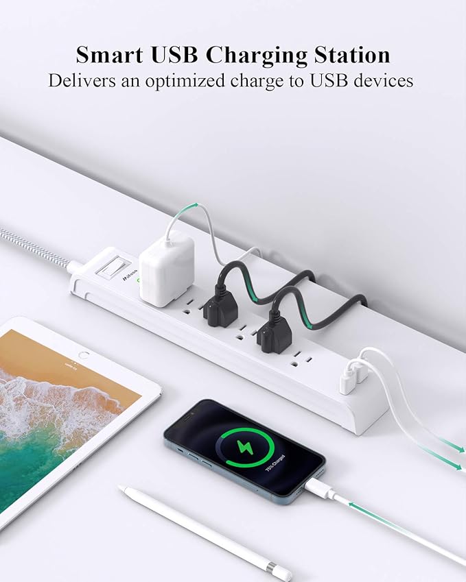 2 Pack Power Strip - 15FT Long Extension Cord, Surge Protector with 6 Outlets and 2 USB Charging Ports, Flat Plug Overload Protection, (1625W/13A/900J), Wall Mount for Home Office and Dorm, ETL Listed