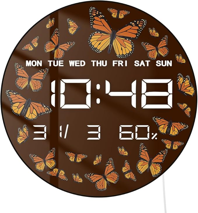 Timethink 12 Inch Butterfly Digital Wall Clock Large Display, Monarch Butterflies Entomology Nature Insect Electric Wall Clock with Temperature, Smart Dimming, Date, 12/24hr, Plug in LED for Kitchen