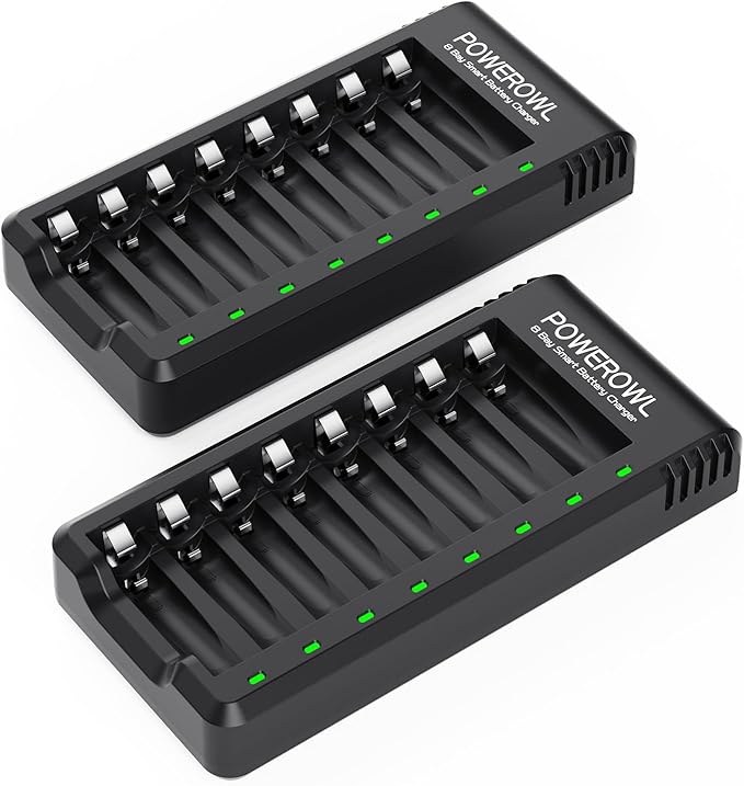 POWEROWL 8 Bay AA AAA Battery Charger 2 Pack, USB High-Speed Charging, Independent Slot, for Ni-MH Ni-CD Rechargeable Batteries