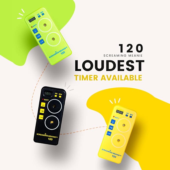 Screaming Meanie TZ-120 Extremely Loud Alarm Timer, Multi-Purpose Timer with 2 Sound Levels Perfect for Heavy Sleepers, Truckers, or Travelers (9v Battery Included) - Yellow