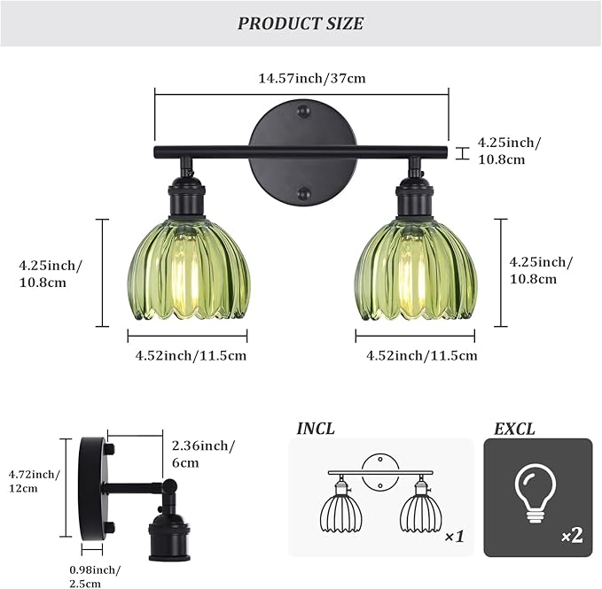 Shenmoyl Bathroom Light Fixtures, 2-Light Black Vanity Wall Light Over Mirror with Green Tulip Glass Shade for Bedroom Living Room (Bulb Not Included)