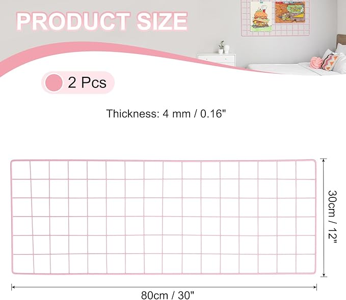 PATIKIL 31.5"x12" Wire Grid Panel, 2 Pack Board Photo Pictures Memo Display Grid Panels Hanging Organizer Wall Decorative Panel for Home Office Wedding, Pink
