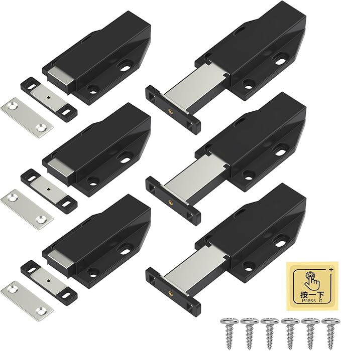 Jiayi Push to Open Magnetic Door Latch Cabinet Hardware Heavy Duty Push Magnets for Large Door Push Release Latch Kitchen Drawer Push Catch Press Out Touch Latch (Black, 6 Pack)
