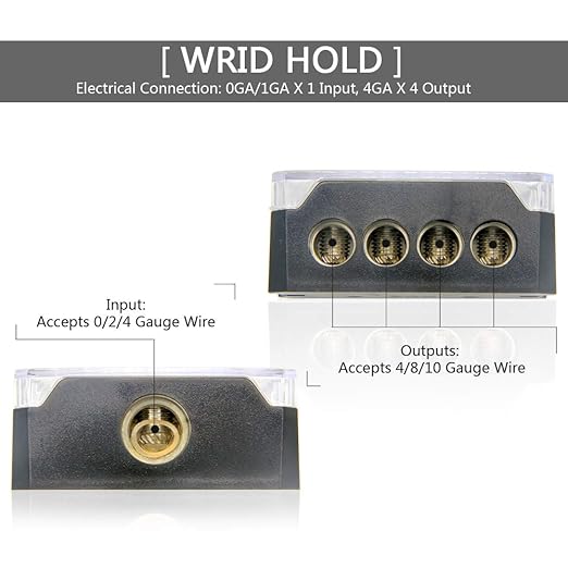 RKURCK 4 Way Power Distribution Block, 0/2/4 AWG Gauge in, 4/8/10 Gauge Out, Car Audio Stereo Amp Distribution Connecting Block for Audio Splitter (1 in 4 Out)