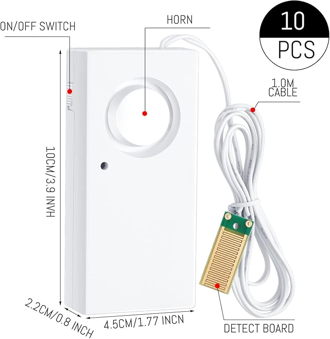 Hoteam 5 Pcs Water Sensor Alarm Leak Detector 120db Water Leak Alarm 9v Battery Flood Sensor Detector Overflow Security Alert for Home Basement Kitchen Garage Bath Tub Sink, White