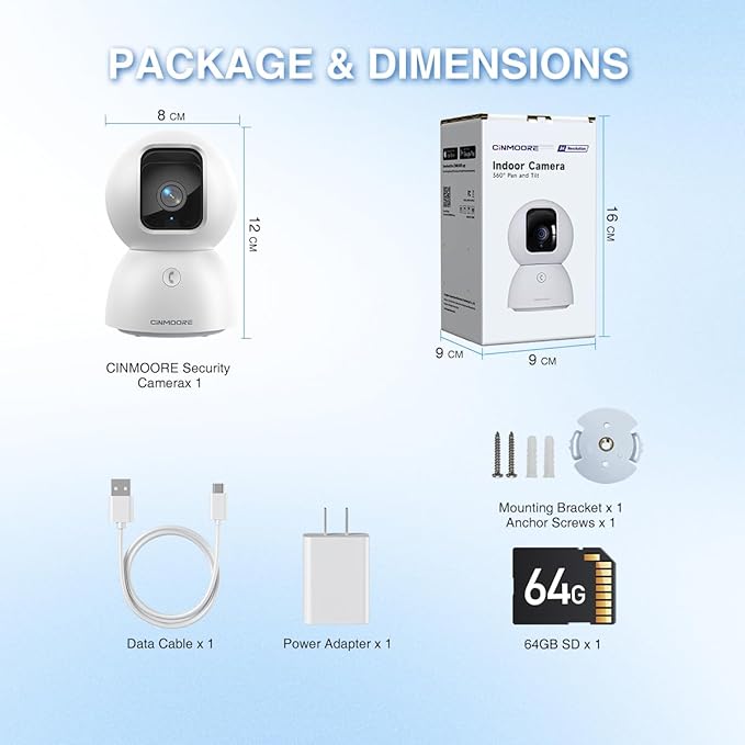 CINMOORE 3K Indoor Camera with 64GB Card, Human/Pet/Facial AI Detection, Dog/Cat/Pet Camera Indoor with Phone APP, 5GHz 2.4GHz Dual Band Wi-Fi 6, 360 Pan Tilt Auto Tracking, Night Vision, 2-Way Talk