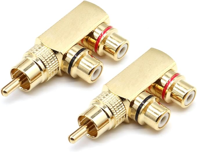 LOCHSOEL RCA Splitter Adapter,Right Angle RCA Male to 2 Female AV Splitter Adapter Gold Plated Connector(2Pack)