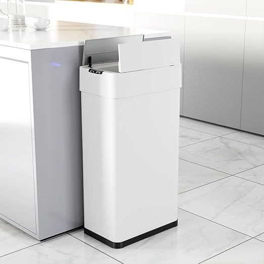 TLSUNNY 16 Gallon Automatic Trash Can, Stainless Steel Motion Sensor Garbage bin, Smart Trash Can W/Butterfly Lid, Bag Retainer Ring and Display Light for Living Room,Kitchen,Office (White, 60L)