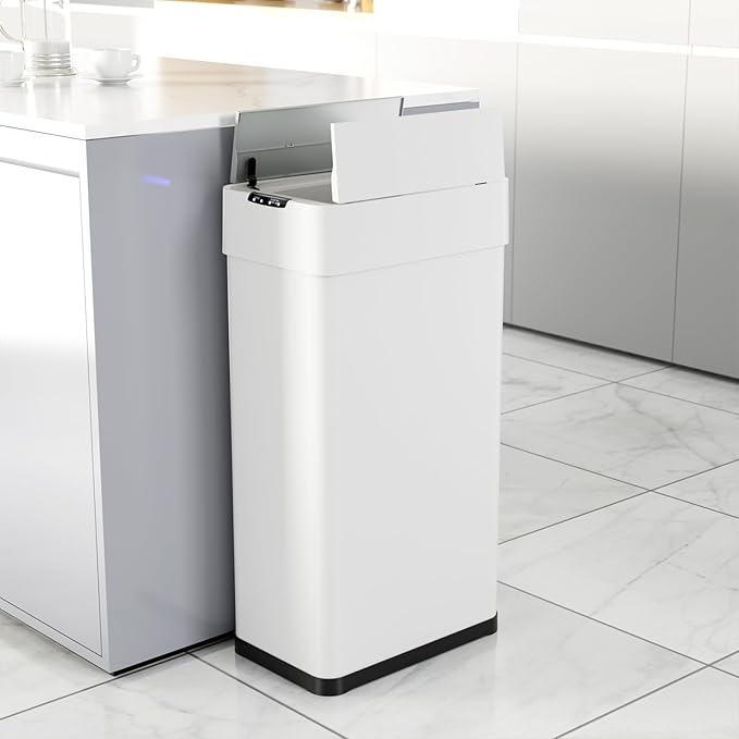 TLSUNNY 21.1 Gallon Automatic Trash Can, Stainless Steel Motion Sensor Garbage bin, Smart Trash Can W/Butterfly Lid, Bag Retainer Ring and Display Light for Living Room,Kitchen,Office (White, 80L)