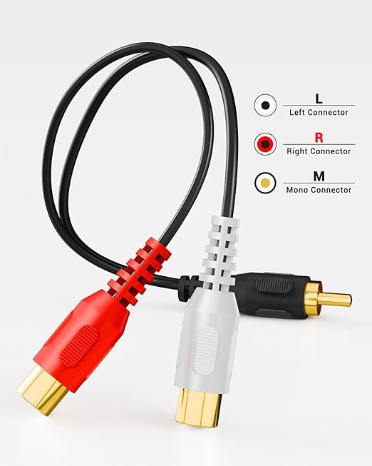 VCELINK RCA Splitter 1 Male to 2 Female Stereo Audio Cable, Gold Plated Dual RCA Female Adapter for Subwoofer, Car Radio, Amplifier, TV, Digital Audio, 2 Pack/0.66FT