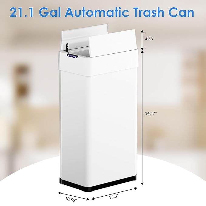 TLSUNNY 21.1 Gallon Automatic Trash Can, Stainless Steel Motion Sensor Garbage bin, Smart Trash Can W/Butterfly Lid, Bag Retainer Ring and Display Light for Living Room,Kitchen,Office (White, 80L)