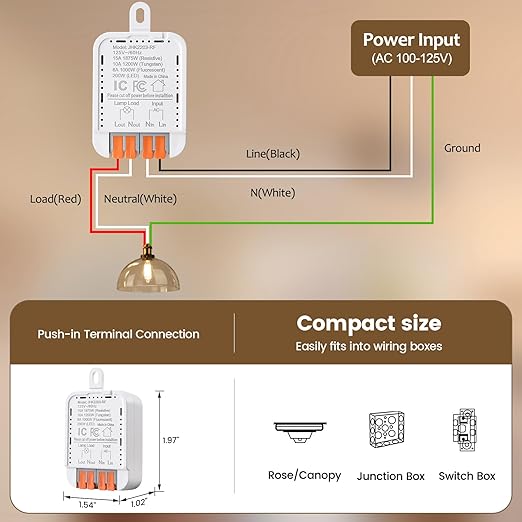 SURAIELEC 3-Way Wireless Remote Control Light Switch & Receiver Kit, 15A RF Wall Switch, 100ft Range, Ultra-Thin Design, Push-in Wiring, Expandable System for Lighting, Lamp (Neutral Wire Required)
