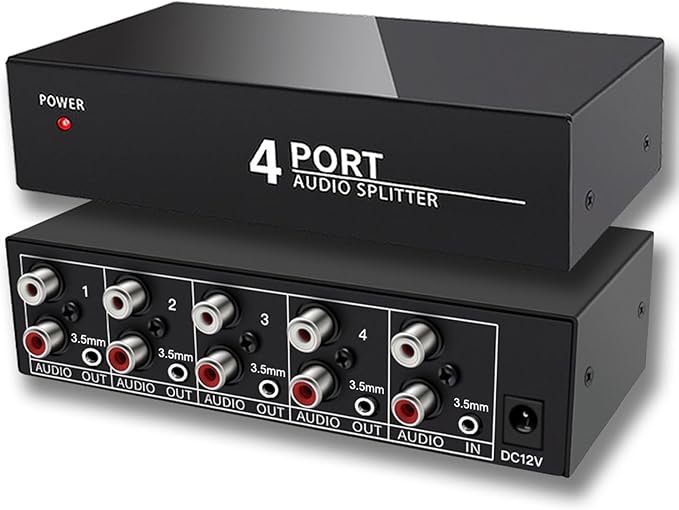 FlyroadUp 3.5mm Aux + RCA L/R Audio Splitter 1 in 4 Out Stereo Analog Audio Distributor Box