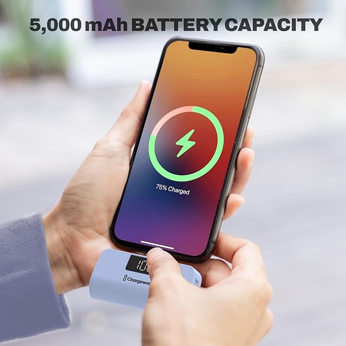 CHARGEWORX Mini Portable Charger Power Bank with Built-in Lightning Output, 5,000 mAh Power Bank with Fast-Charge Dual Output, Pass-Through Charging, LCD Display, Compact Design, Coral Blue