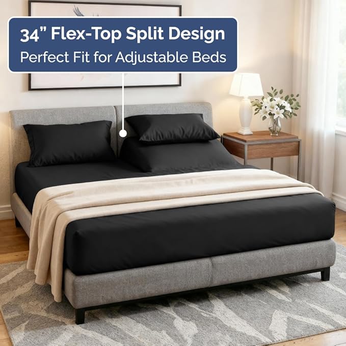 Split Head King Sheet Set – 4 Piece Flex Split Top King Sheets for Adjustable Beds - Fits 14” to 16" Mattress w/ Deep Pockets - Ultra-Soft, Breathable & Cooling - Luxury Bedding & Wrinkle Free - Black