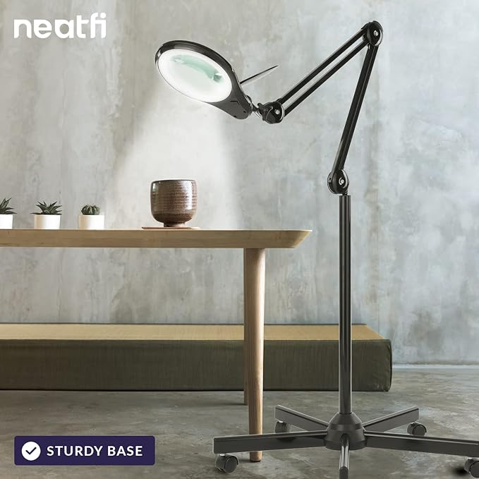 Neatfi LED Magnifying Floor Lamp – 1,200 Lumens, 5” Bifocal Lens with 5 & 20 Diopter, Dimmable, Adjustable Arm, Rolling Base, Floor Lamp for Reading, Sewing, Crafting (5 Inches, Black)