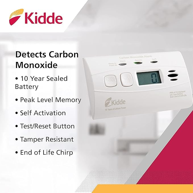 Kidde Carbon Monoxide Detector with 10-Year Battery, Digital Display, 3 LEDs, Replacement Indicator, Peak Level Memory, 2 Pack