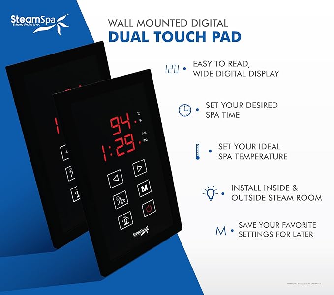 SteamSpa Executive 7.5 KW QuickStart ACU-Steam Bath Generator Package with Built-in Auto Drain and Install Kit in Matte Black | Steam Generator Kit with Dual Control Panel Steamhead 240V | EXT750MB-A