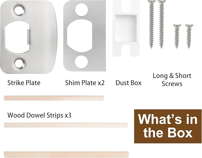 MOSECYOU Standard Door Lock Strike Plate with Spacer Shim, Door Latch Restorer, Universal Security Striker, Repair Kits to Fix Door Won’t Latch in (Satin Nickel)