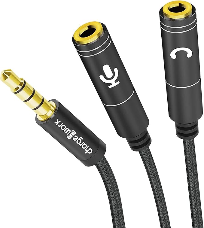 ChargeWorx 3.5mm Mic and Headphone Jack Splitter, Y-Splitter Adapter with High-Fidelity Sound Quality, Compatible with Smartphone, PC, Laptop, Tablet, and Gaming Consoles, Tangle-Free Cable