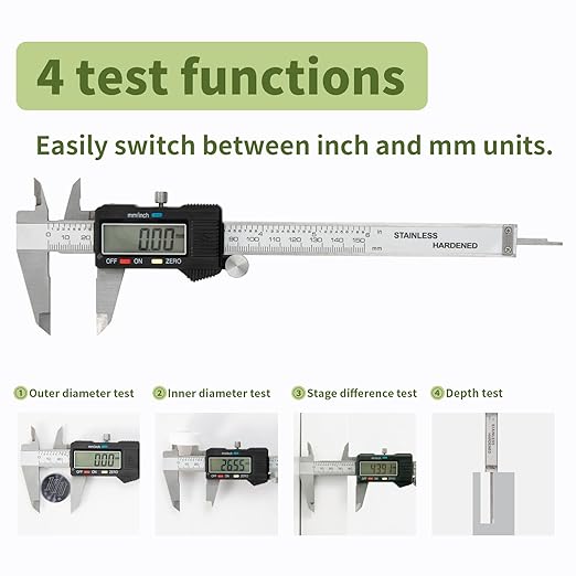 SCITOOLS Digital Caliper 0-6" Measuring Tool with Metal Ruler, Micrometer Caliper with Auto-Off Feature, Interchangeable Between inches and millimeters for DIY/Household and 3D Printing, Black