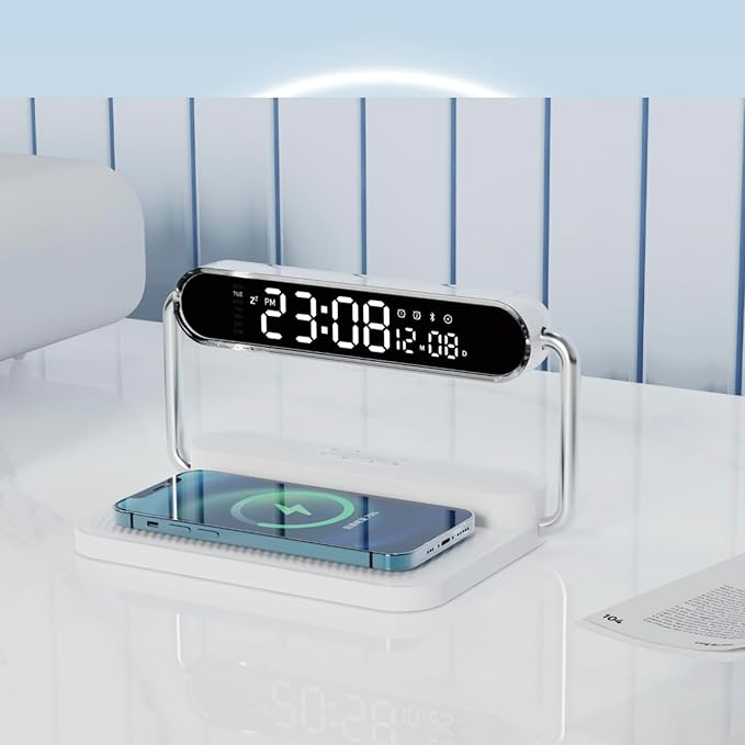 4-in-1 Multifunction Mobile Wireless Charger with Colorful Night Lights, Bluetooth Speaker, Digital Clock Alarm