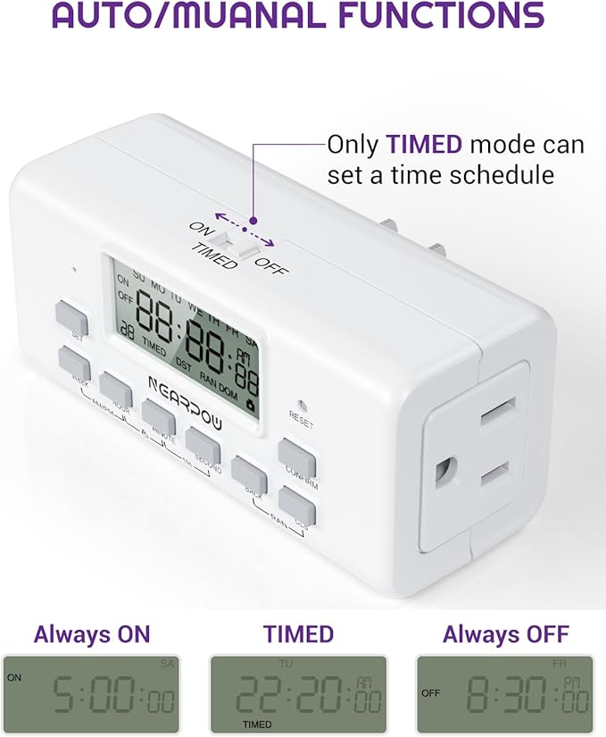 NEARPOW Digital Timer for Lamp with Dual Outlets, Programmable Timer in Door, Outlet Timers for Lights,10 On/Off Programs, 24-Hour and 7-Day Programmable Electric Plug Timers,3 Prong, 15A/1875W