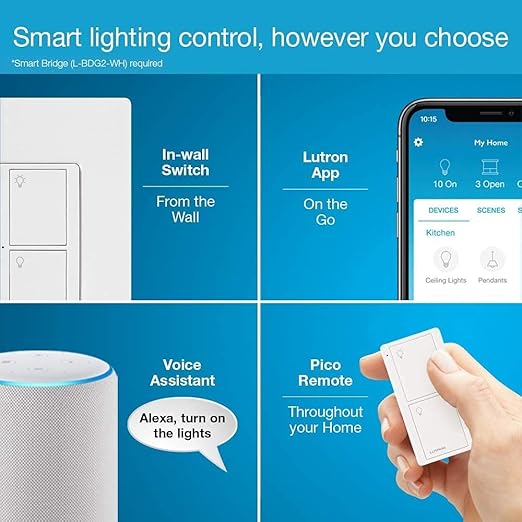 Lutron Caseta Original Smart Switch with Wallplate (Lutron Smart Hub Required), for LED Lights and Fans, 5 Amp, Single-Pole/3Way, Neutral Required, PDW-5ANS-WH-A, White