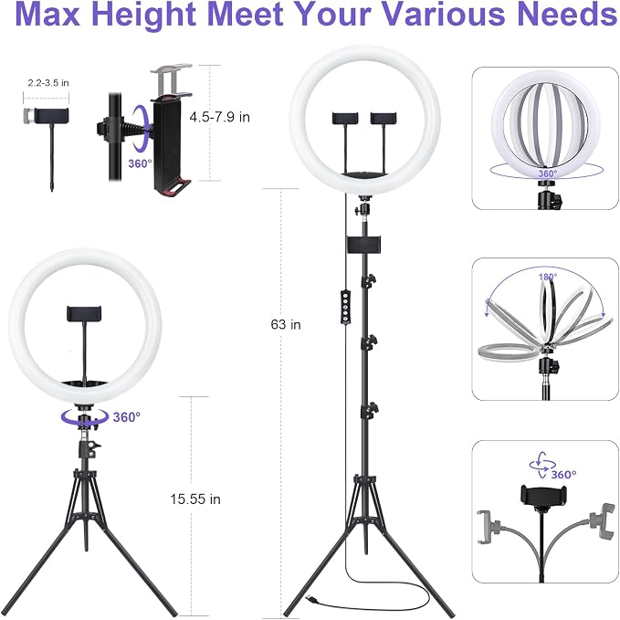 13" Selfie Ring Light with 76" Tripod Stand & 3 Phone Holder, LED Camera - Image 6