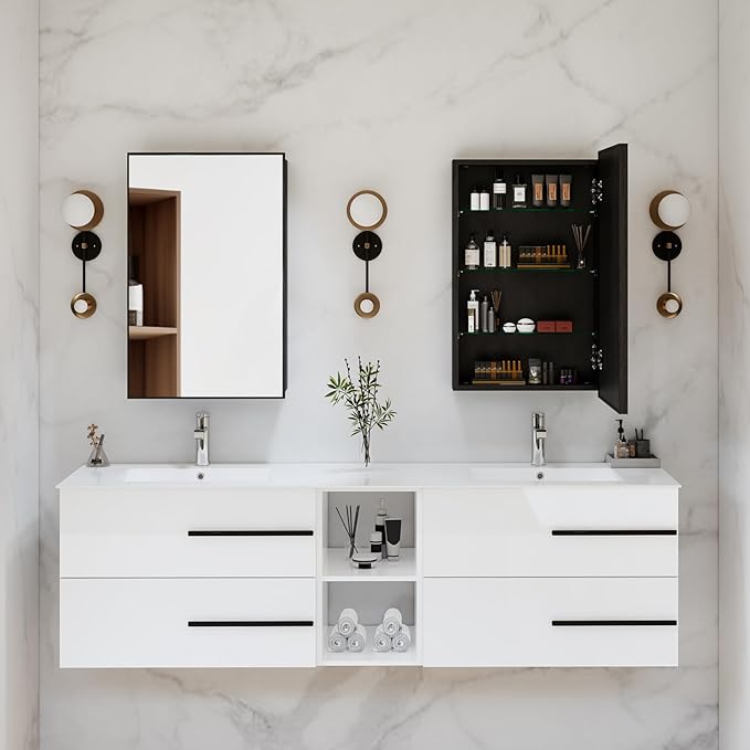 Medicine Cabinet with Mirror, 20x30 Inch Rectangle Wall Mounted Bathroom Vanity Mirror with Storage & Adjustable Tempered Glass Shelves Medicine Cabinets for Bathroom, Black