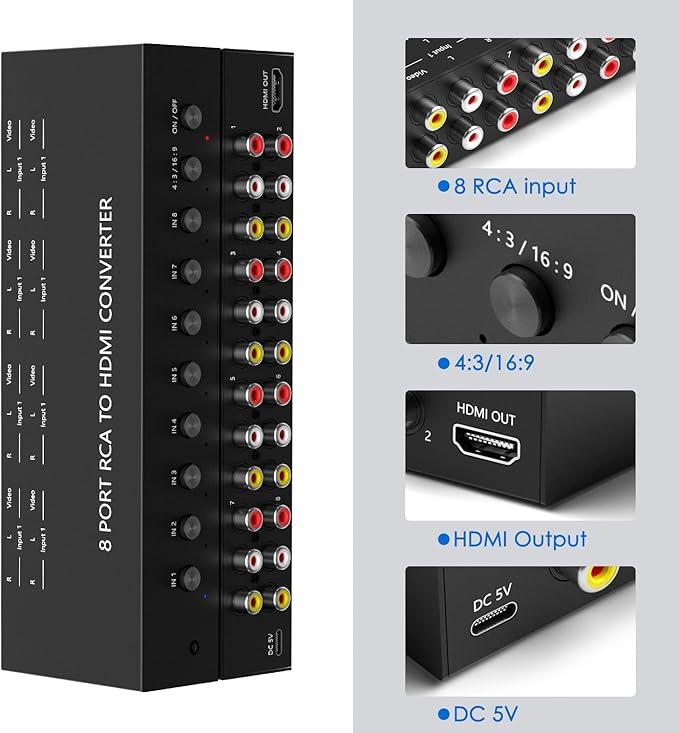 8 Port RCA to HDMI AV to HDMI Converter 1080P/720P 8 Way RCA Composite CVBS AV Switch to HDMI Converter Adapter Support 4:3/16:9 Switch For Sega Xbox PS1 PS2 PS3 N64 NGC SNES WII VHS VCR Camera