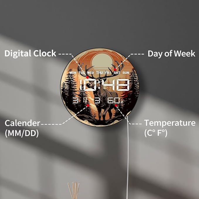 Timethink 12'' Deer Digital Wall Clock with LED Display, Woodland Forest Cabin Rustic Electric Wall Clock Smart Dimming, Date, 12/24hr, Temperature, USB Powered for Christmas Farmhouse Hunting Decor