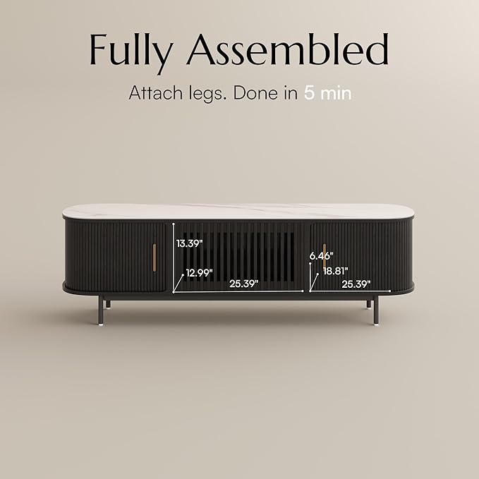 POVISON Fully-Assembled Mid Century Modern Black TV Stand with White Glossy Sintered Stone Tabletop & LED Lights, Rolling Door Media Console, Wood TV Console for Living Room